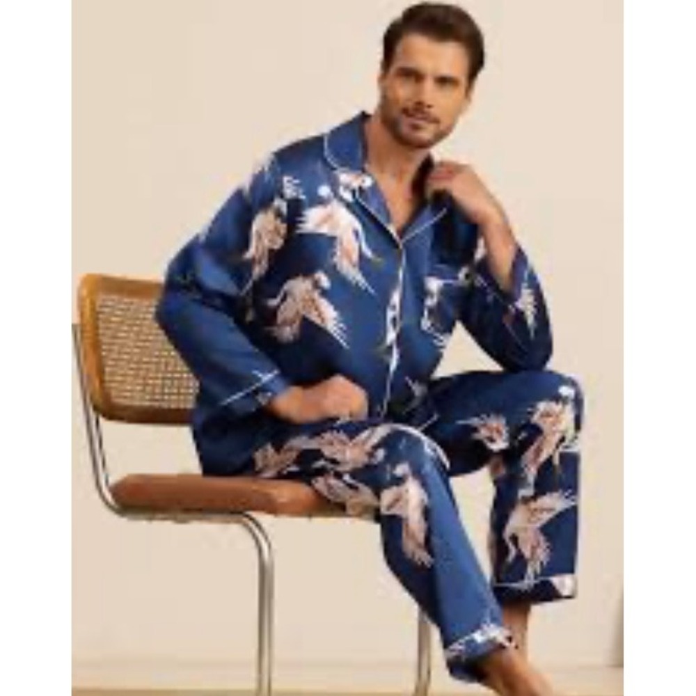 SilkSilky Pajama Top Men Medium Blue 100% Silk Crane Luxury Lounge Chinoiserie